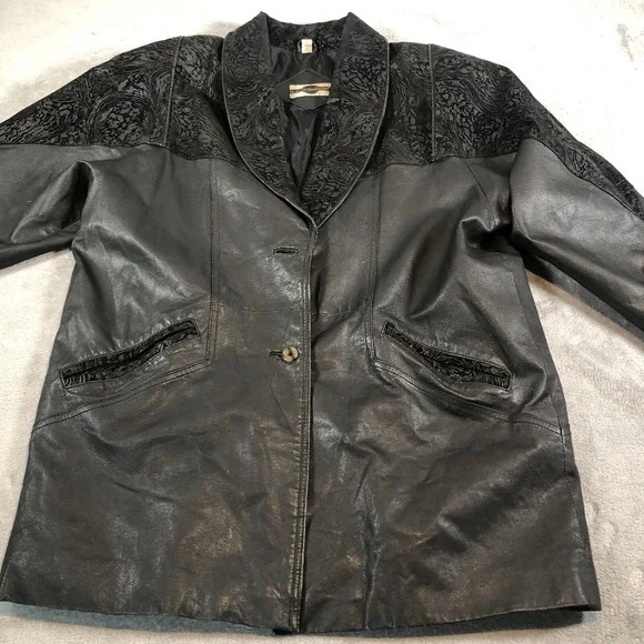 Outbrook Leather Coat Womens Large Black Long Baroque Suede Detail 80s Vintage - Picture 2 of 16